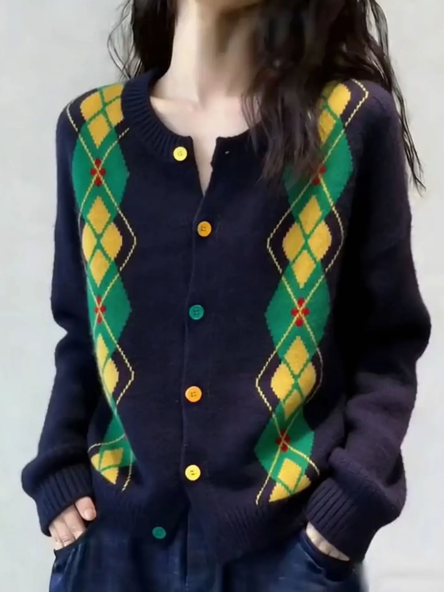 

Faionable Long Sve Knitted Sweater Comfortable Diamond Pattern Color Blo Spring Season Korean Sle Women's Top