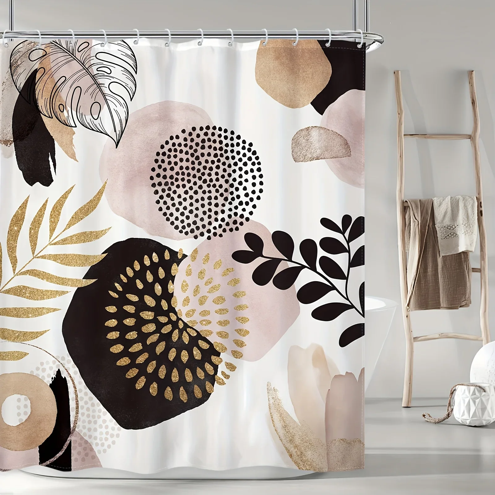Boho Abstraktes Duschvorhang-Set, Schwarz-Rosa-Goldene Blätter, Moderne Minimalistische Badezimmerdekoration, Stoff, 12 Kunststoffhaken