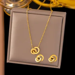 Stainless Steel CZ Crystal Double Circle Roman Numeral Necklace Earrings Jewelry Set For Women Chain Accessories Wedding Gift