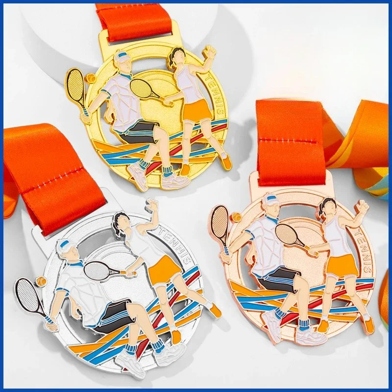 

Customization Metal Tennis Baked Paint Medal Sports Meeting Children's School Souvenirs Award Hanging Around the Neck Decor, 3Pc