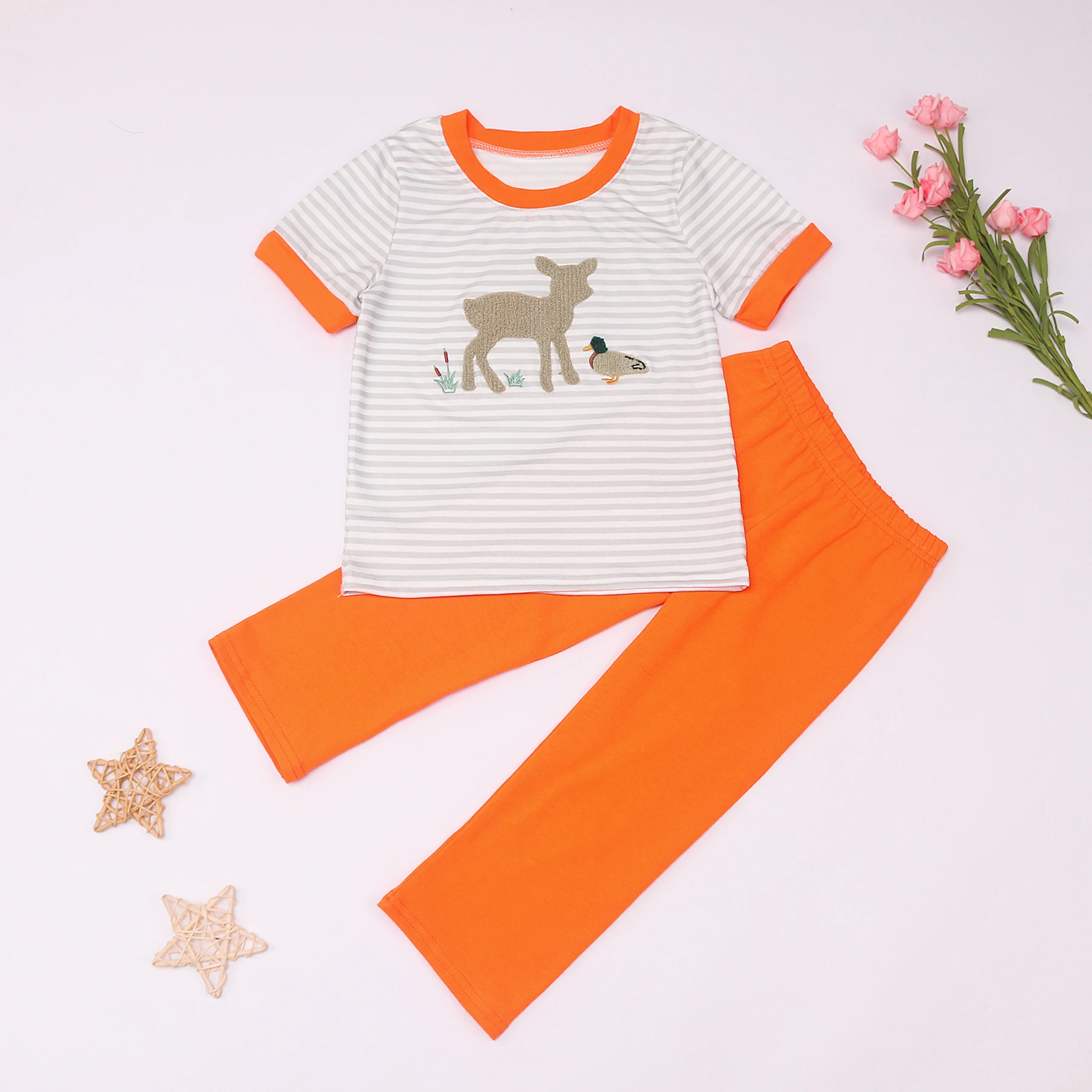 Exquisite Fall Season Sleeveless Round Neck Deer French Knot Girl Sets And Romper Boy Orange Top Clothes Stripe Pants With Bow