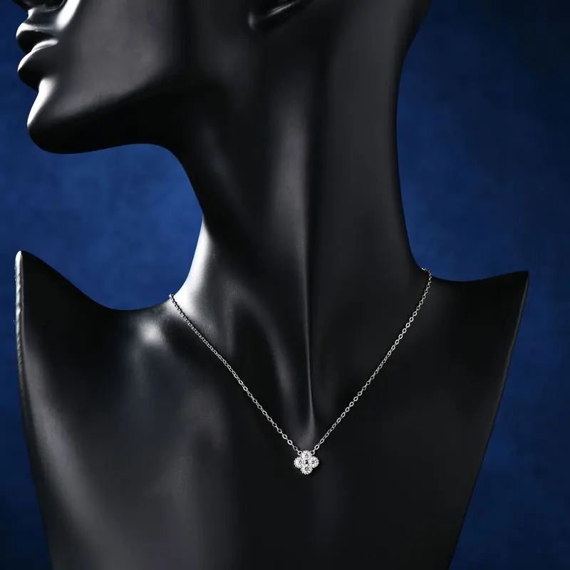 Ehhai 3mm Round Moissanite Clover Pendant Necklace for Women S925 Sterling Silver Chain Flower Charm Wedding Fine Jewelry Gifts