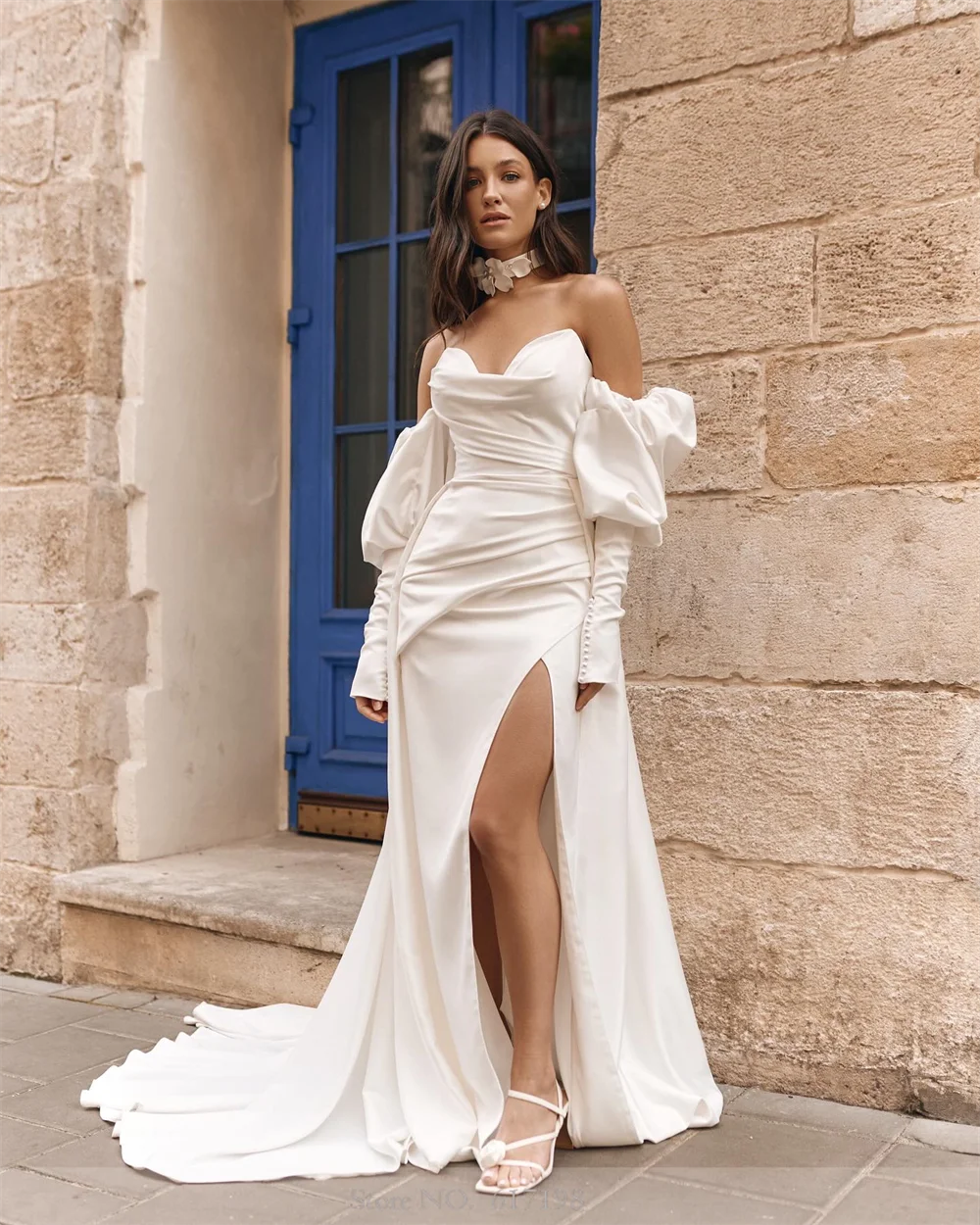 Robe de Mariée Plissée en Satin à Manches Perfectes, Sirène Sexy, Peu importe pour les Patients