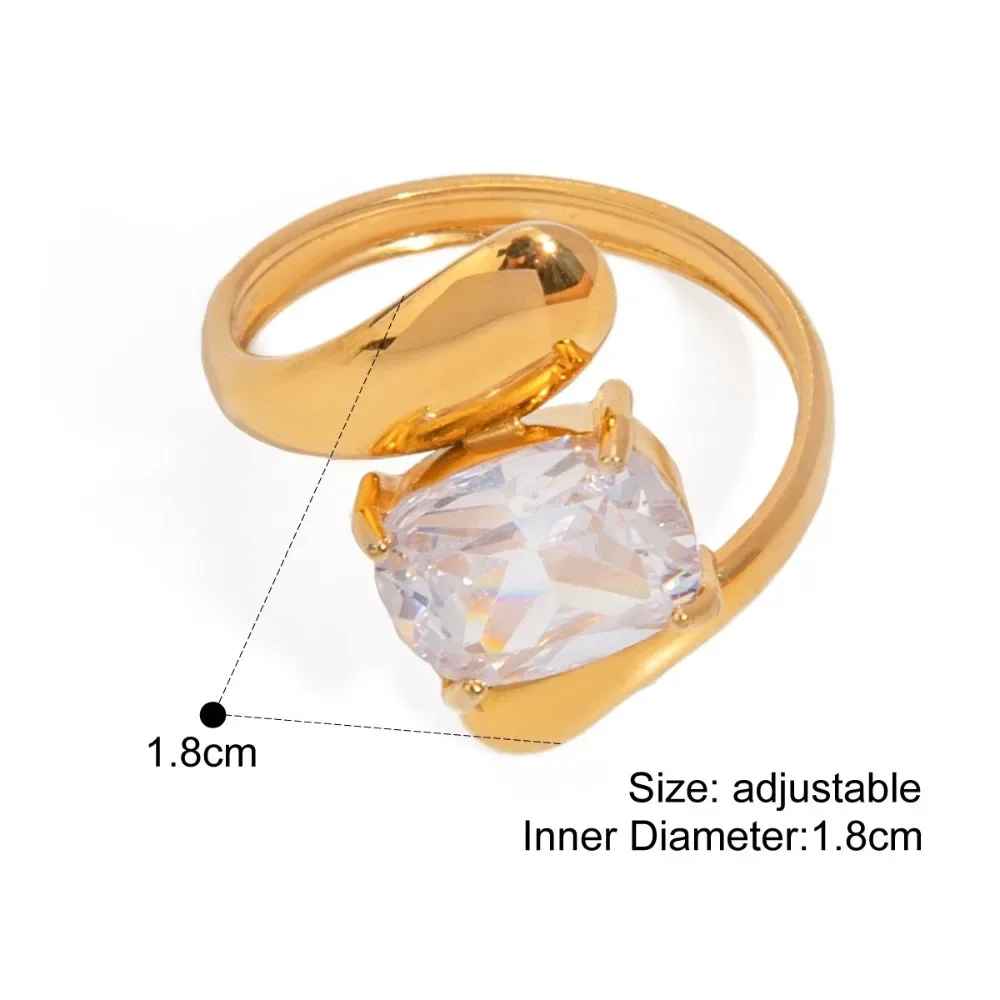 خاتم مفتوح من الفولاذ المقاوم للصدأ غير متماثل مقاوم للصدأ 18K مطلي بالذهب خاتم لامع مقاوم للماء مكعب زركونيا خاتم إكسسوار فاخر