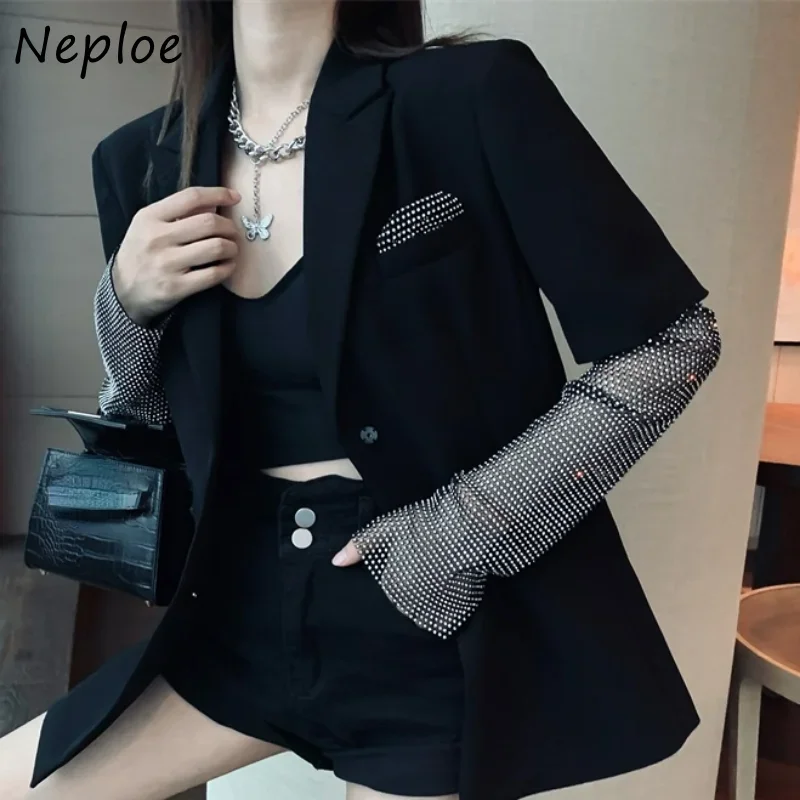 Neploe Autumn Winter V Neck Solid Color Coat Rhinestone Patchwork Long Sleeve Chaquetas Y2k Single-breasted Jaqueta Feminina