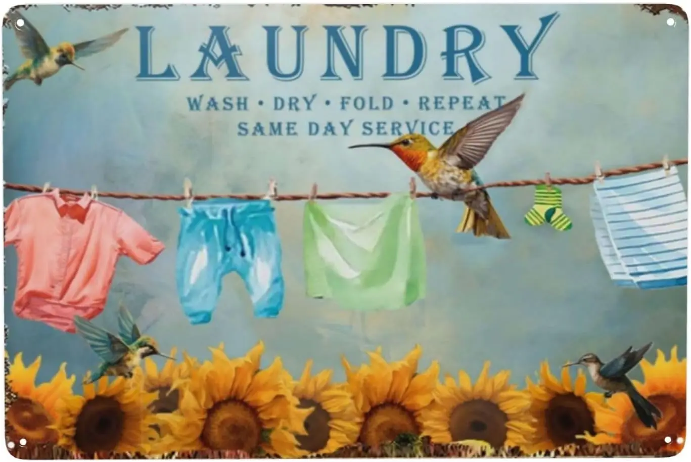 ZHIQUN Laundry Room Tin Sign - Vintage 'Wash Fold Dry Repeat' Design - Retro Metal Wall Art for Farmhouse or Bathro sign