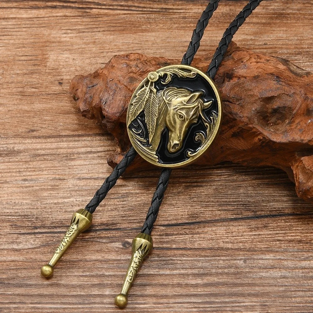 

Винтажный болов-тай с подвеской в виде головы лошади, имитирующей капли масла, из сплава, гладкий полированный кулон в виде головы лошади, кожаный шнурок, ретро-покрытие