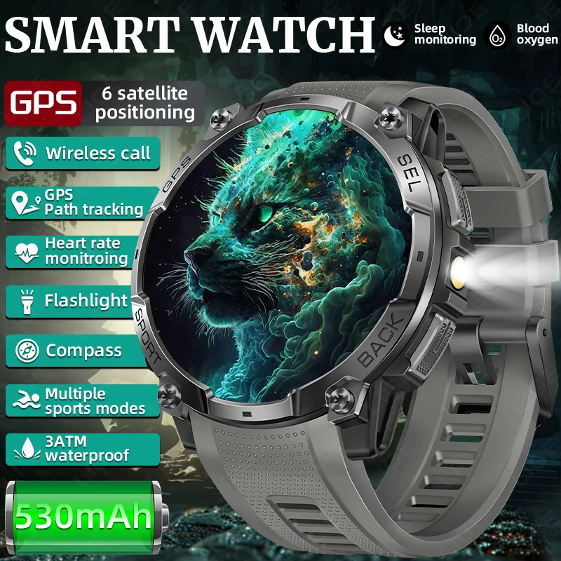 

Новые смарт-часы 2026 года с GPS для взрослых, прочные, с аккумулятором 530 мАч, мощным фонариком, водонепроницаемостью 3ATM, барометрическим альтиметром, спортивные смарт-часы для мужчин