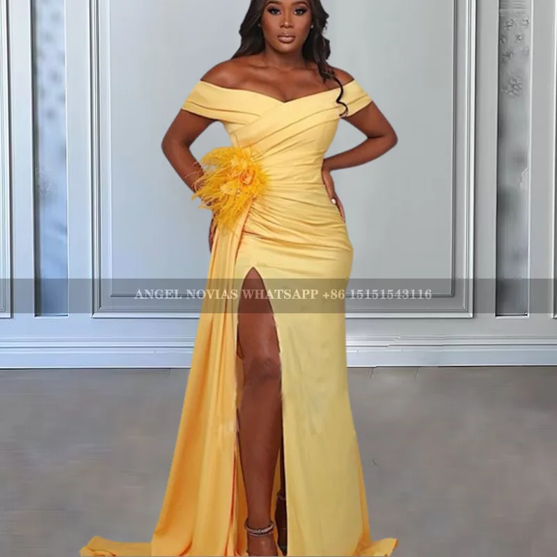 

Yellow Mermaid Sexy Long Wedding Guest Bridesmaid Dresses with Split Evening Prom Gowns robe de soiree femmes mariage