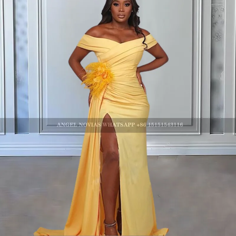 

Customized Yellow Mermaid Sexy Long Wedding Guest Bridesmaid Dresses with Split Evening Prom Gowns robe de soiree femmes mariage