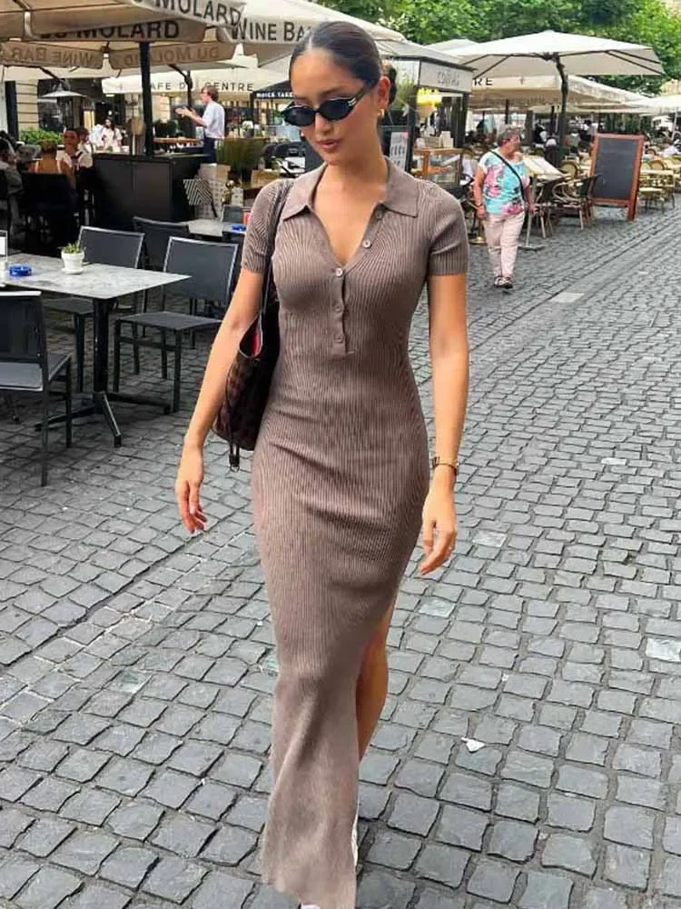 

Elegant Office Lady Long Dresses Women Solid Fashion Lapel Short Sleeve Button Side Slit T-shirt Dress Body-Shaping Street Robe