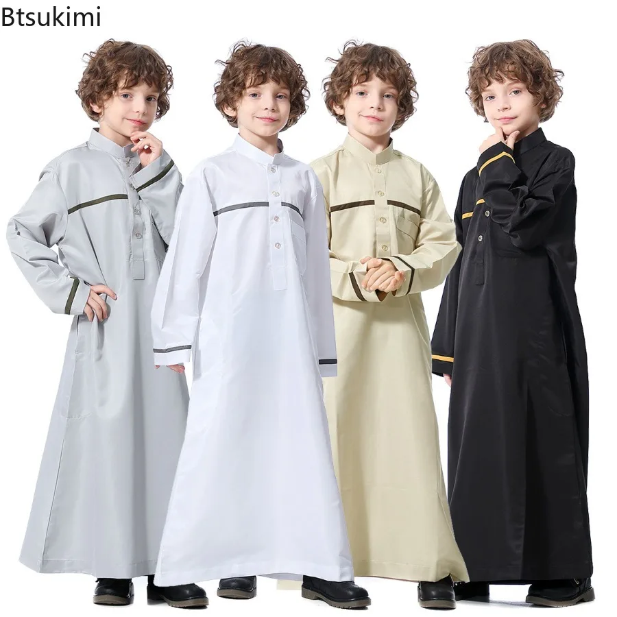 

2025 Mid East Arab Muslim Boys Clothes Kids Abaya Caftan Long Sleeve Stand Collar Robes Islamic Ramadan Clothing Children Kaftan