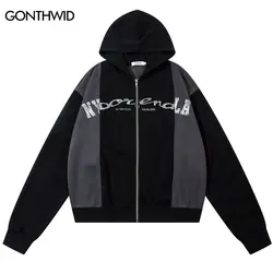 Hip Hop Hoodie Jacket Graphic Printed Patchwork Full Zip Up Hooded Sweatshirt Coat Streetwear Men Harajuku Casual Baggy Hoodies