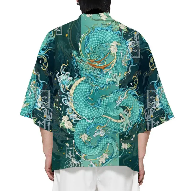 Men Chinese Dragon Pattern Green Japanese Kimono Cardigan Summer Haori Dragon Print Jacket Streetwear Traditional Japanese Coat