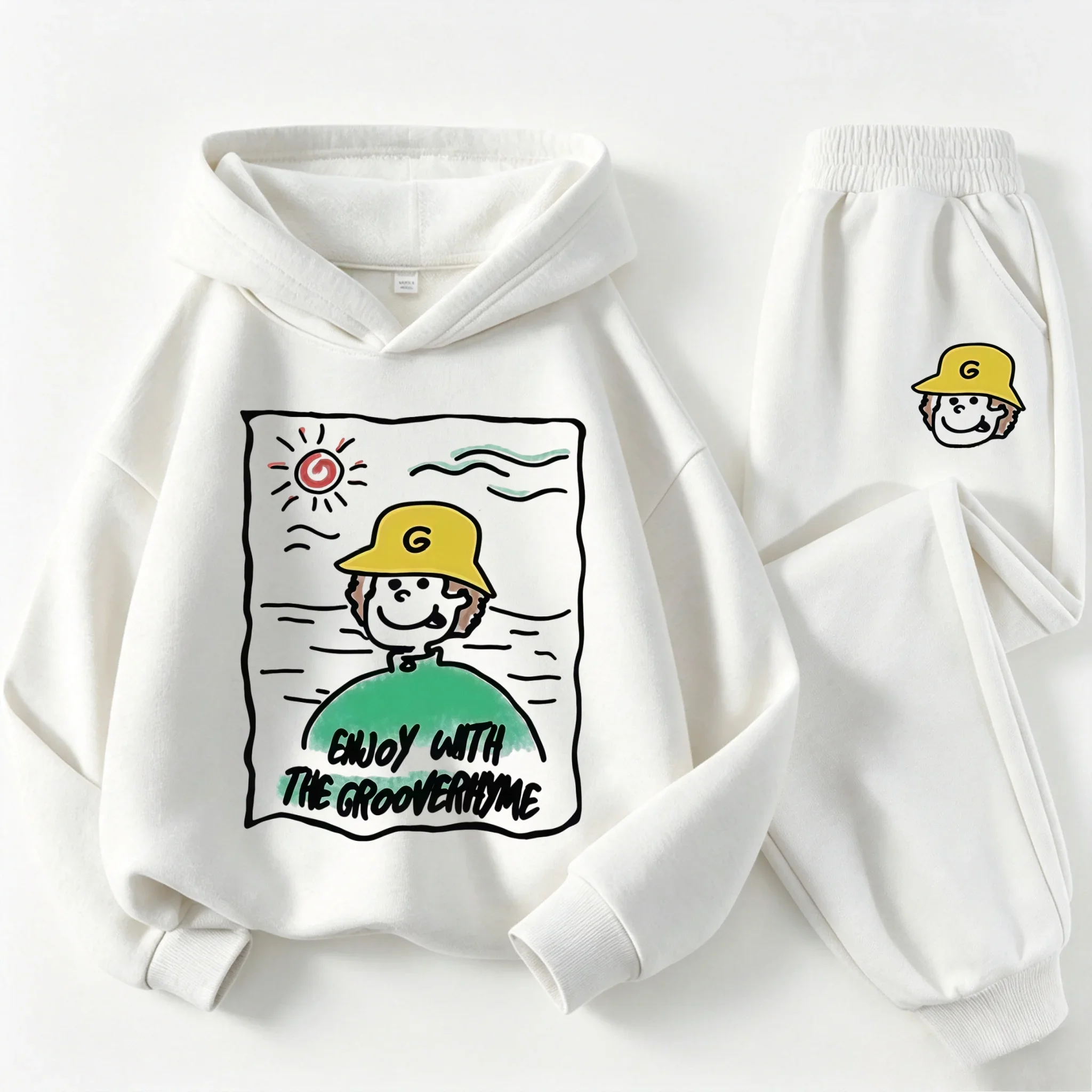 Children's Casual Athletic Set (Fall/Winter) — Cotton-blend fleece hoodie for boys and girls,featuring a fun retro cartoonprint.