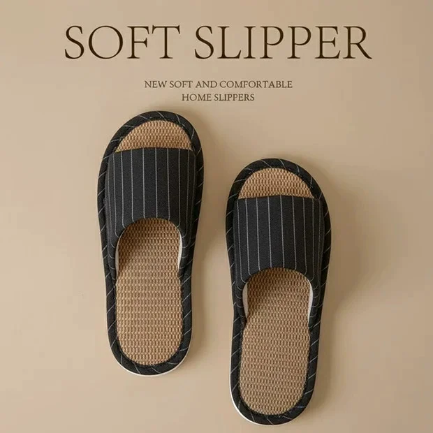 Striped Comfortable Cotton and Linen Men's Spring Slippers Indoor Anti Slip Breathable Silent Home Shoes Couple Slippers
