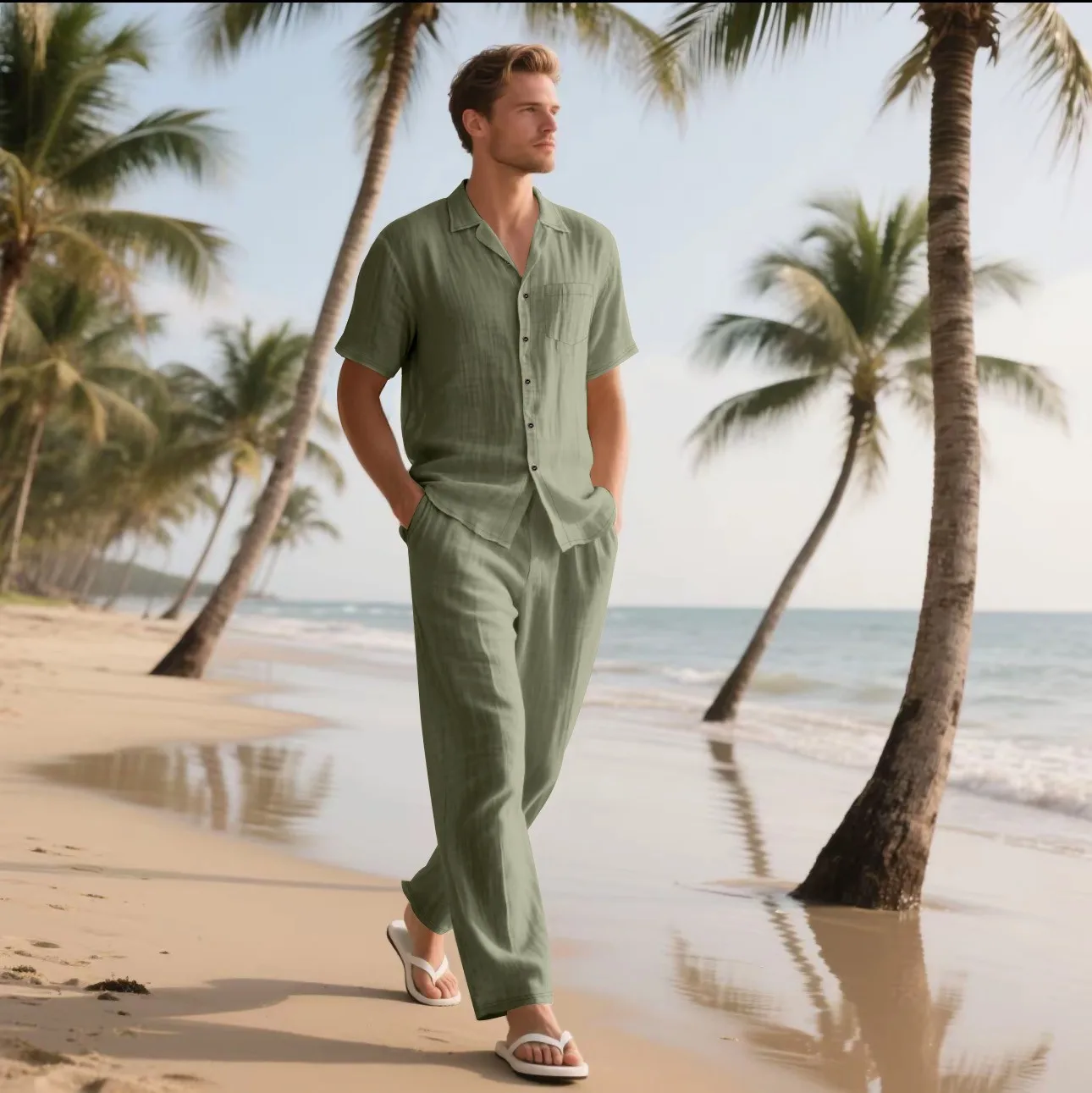 The 2025 Summer Beach Men's linen short-sleeved shirt set is a two-piece long pants set suitable fordaily casual beach vacations