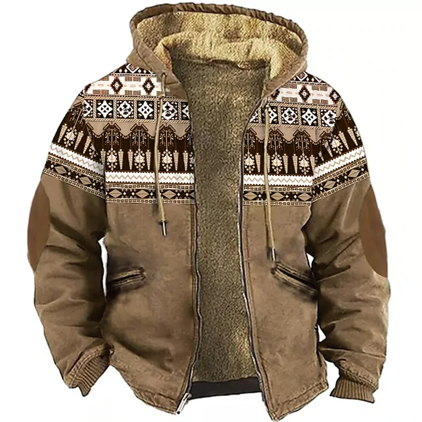 Men\'s Winter Fleece Jacket Traditional Tribal Print Parka Coats Warm Padding Jackets Outerwear Daily Heavy Hoodie Overcoat 2024