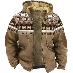 Men's Winter Fleece Jacket Traditional Tribal Print Parka Coats Warm Padding Jackets Outerwear Daily Heavy Hoodie Overcoat 2024