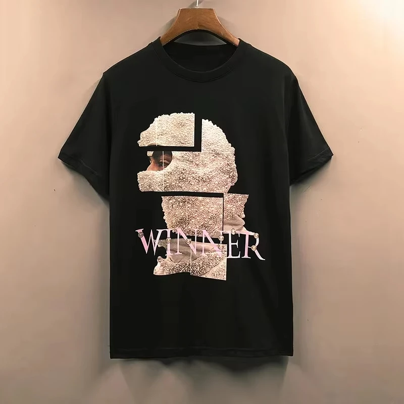 

European American Streetwear Trend Mask Pearl Men's Women's Summer American Pure Cotton Casual Short-sleeved T-shirt Unisex
