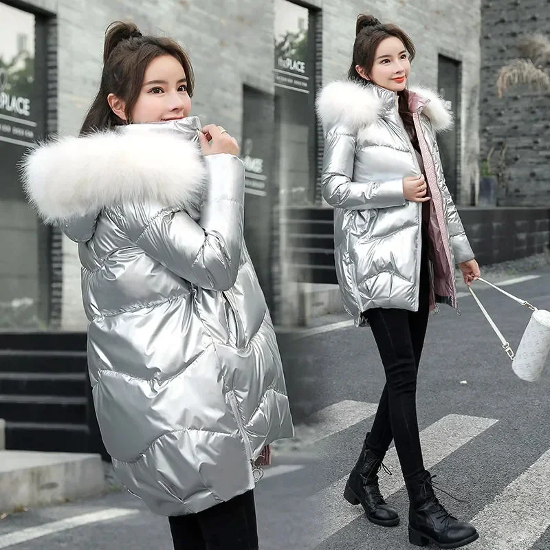 2023 Autumn Winter Hooded Fur Collar Warm Cotton-padded Coat Women Korean Fashion Waterproof Oversized Coat Casual Basic Outwear