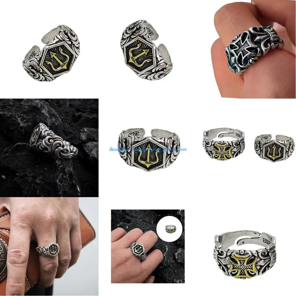

E56A Sea Deity Tridents Rings Adjustable Size Men Alloy Jewelry Statement Accessory