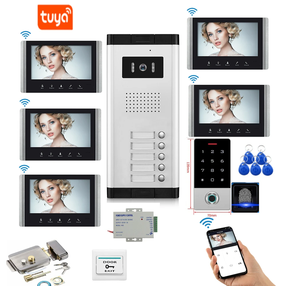 2~5 Unit apartments video intercom system 7 Inch video door phone Kit Can be added Fingerprint access control