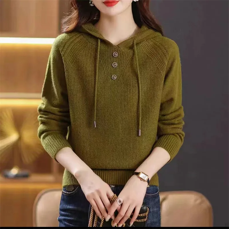 New Korean Ladies Hooded Sweaters Loose Casual Solid Color Sweater Coat Long Sleeve Vintage Woolen Women\'s Top Pullover Femme