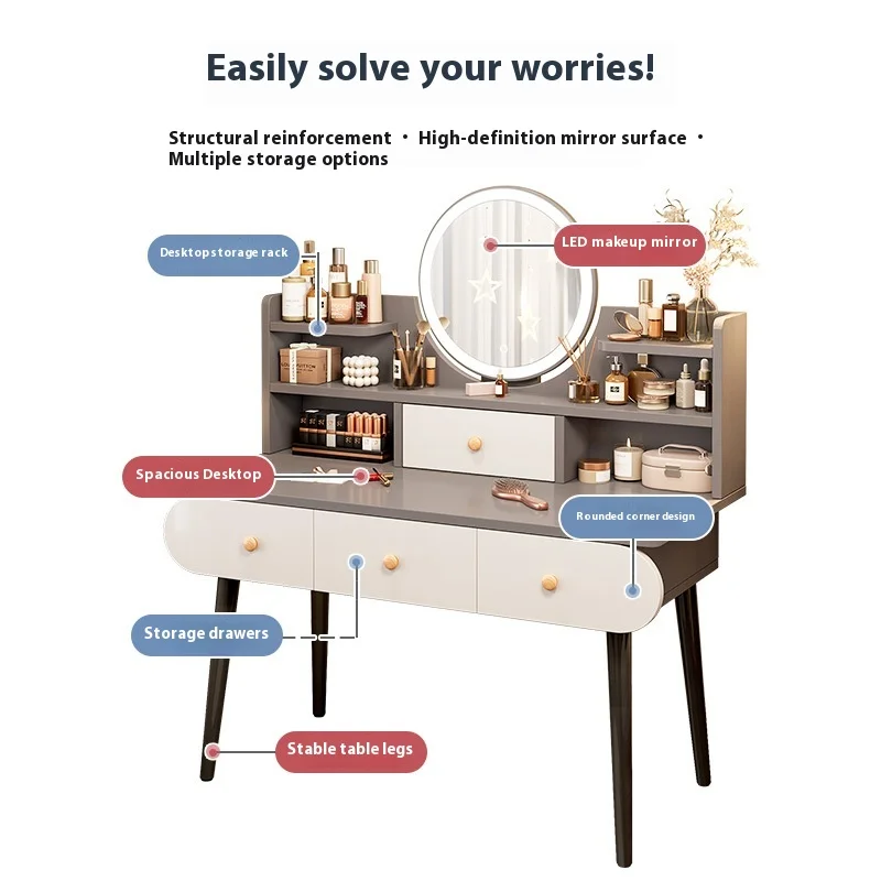 custom.2026 New Hot-Selling Simple Modern Bedroom Dressing Table Cabinet Light Luxury Bedside Makeup Vanity Bedroom