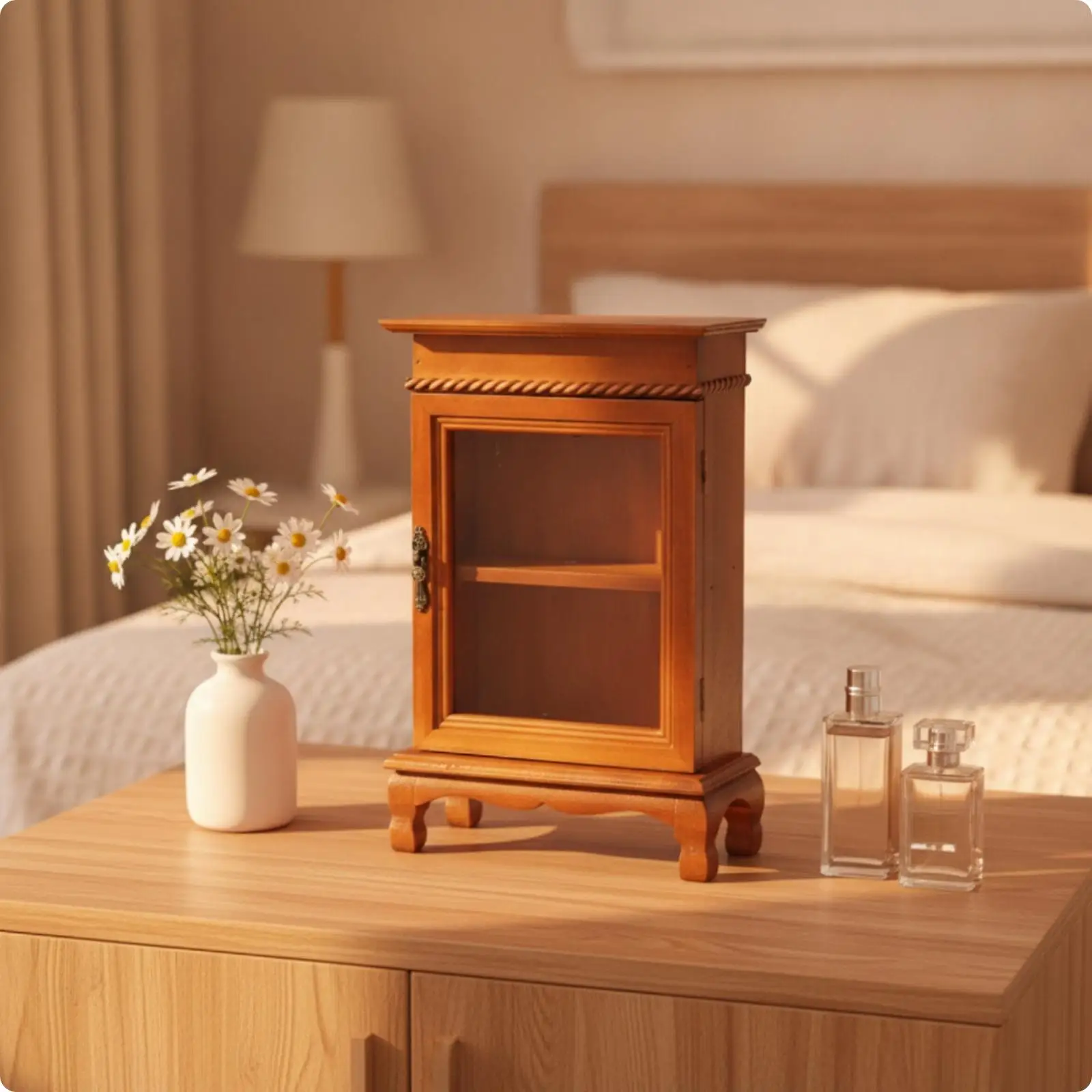 Light Brown Dustproof Display Cabinet with Two Shelves for Kitchen and Vanity Use
