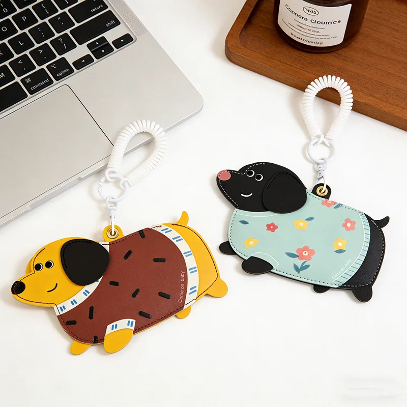 Cute Dachshund Dog Card Holder PU Leather Cartoon Sausage Dog ID Badge Card Case With Spring Coil Keychain Lovely Animal Card