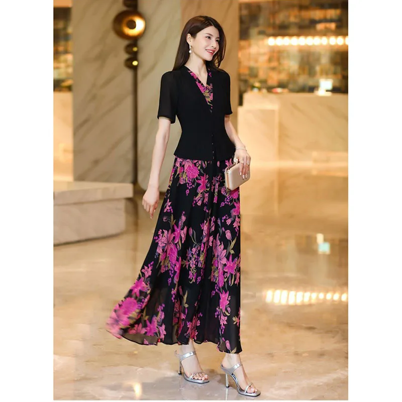 

Dignified And Elegant Temperament Ladies Fashion Long Skirt 2024 Summer New Ladies Slim Fake Two-Piece Printed Comfortable Dress