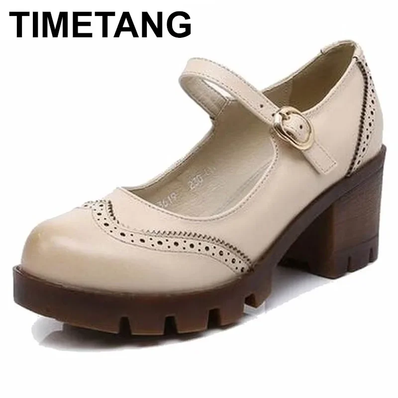 TIMETANG   New Women Pumps Fashion Round Toe Buckle Strap Med Heels Ankle Boots Woman Shoes Black Gray Beige