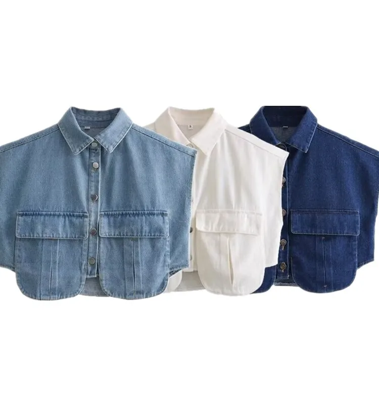 2024 New Faion Women's  Ne ort Sve Denim irt with Large kets Tee Colors High Waist Pure Color Versatile Top