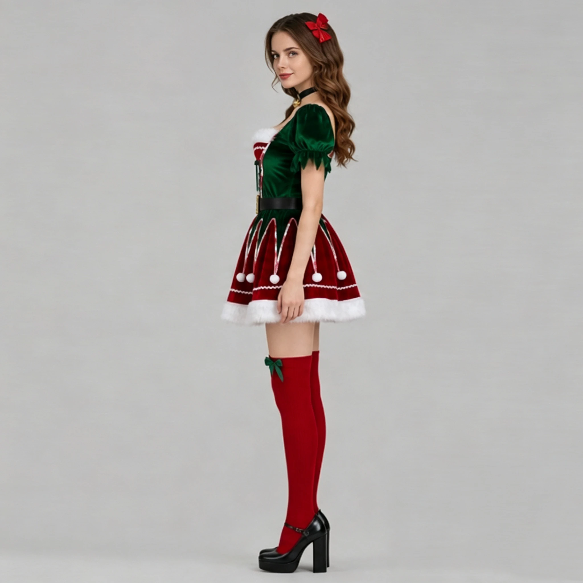 Modisches Damen-Weihnachts-Elfen-Cosplay-Kleid mit Puffärmeln und Kontrastrock mit weißem Fellrand, Weihnachtsthema, Weihnachtsmann-Partykostüm – Detail 3