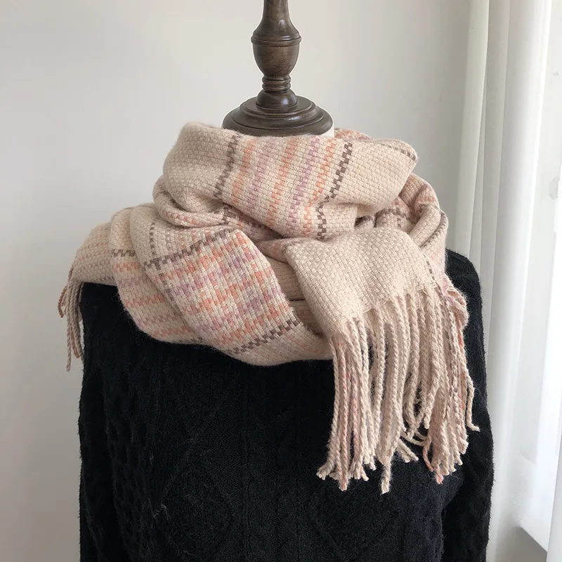 Scarf New Faux Cashmere Checkered Scarf Korean For Autumn And Winter Japanese Fashionable Thickened Style Warm Tassel Shawl Neck