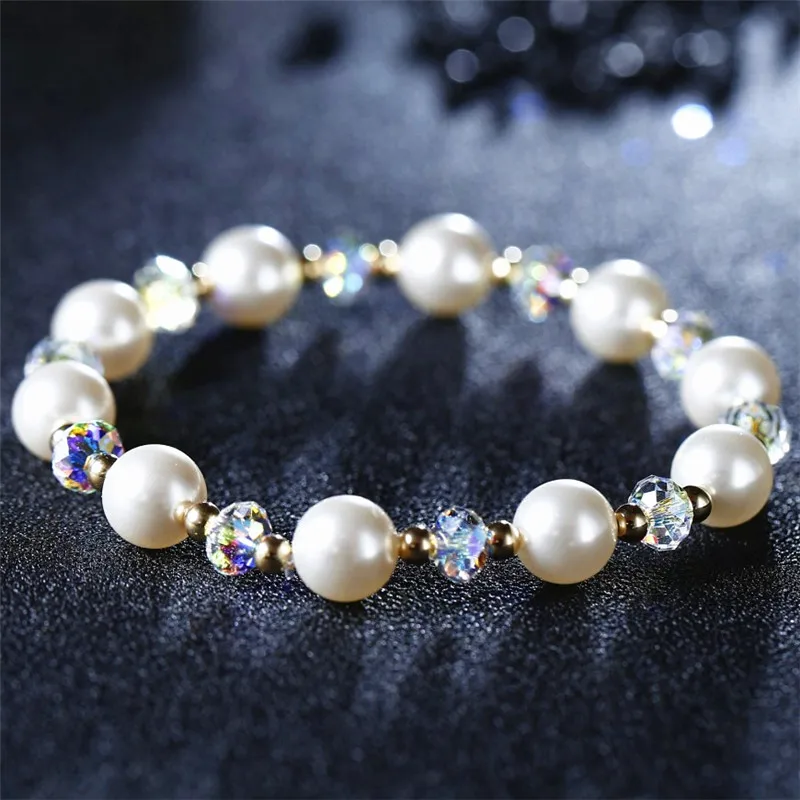 

Luxury Beads Charm Bracelet Bangles For Women Wedding Pearls Crystals From Austria Elastic Rope Wrap Chain Bracelet Hand Jewelry