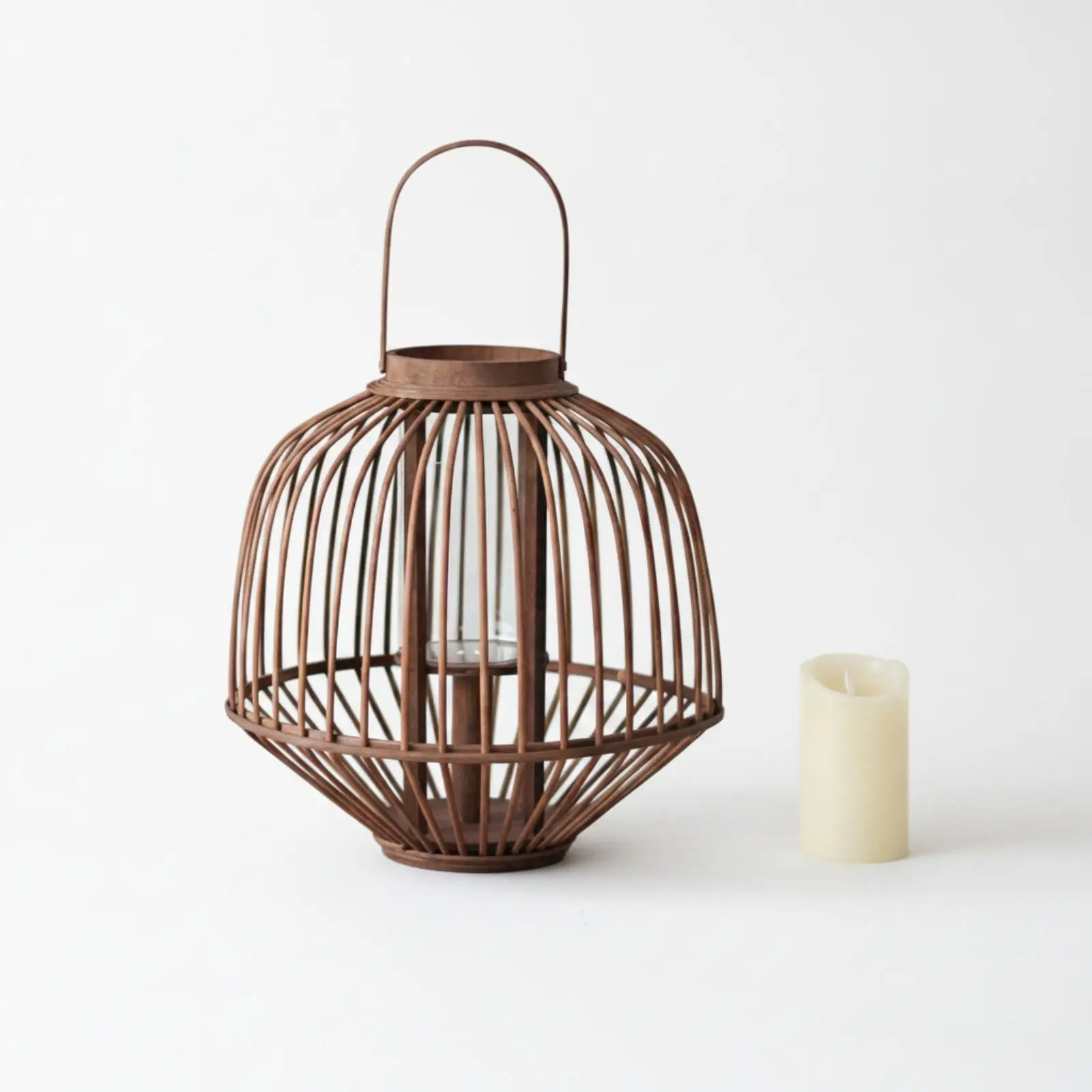 Lantern with Handle Woven Decorative Lantern with Candle Open-Frame Holder for Balcony, Entryway, Living Room