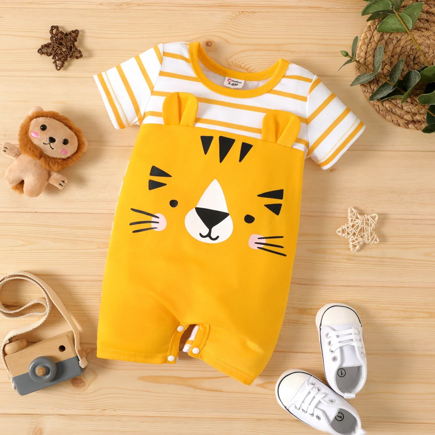 PatPat Baby Boy Animal Print Striped Short-sleeve Spliced Romper Soft and Comfortable  Perfect for Outings and Daily Wear