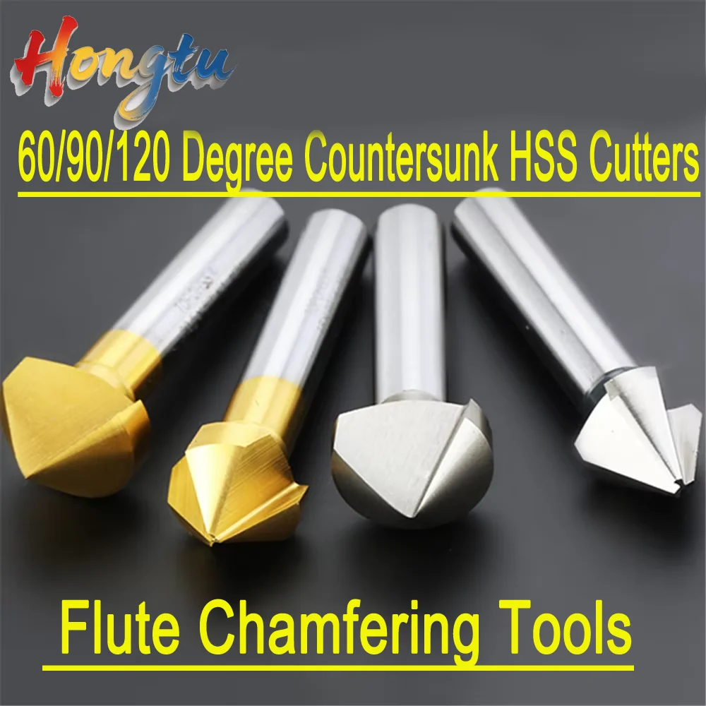 60/90/120 Degree Countersunk HSS Cutters – 1 & 3 Flute Chamfering Tools for Metal Deburring & Orifice Drilling