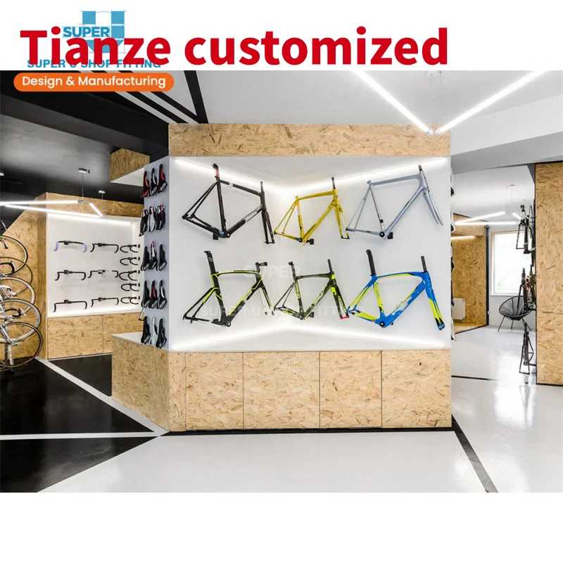 (customized)Luxury Cycling Showroom Interior Design Commercial City Riding Road Bike Shop Design Wooden Wall Mount Bike Display