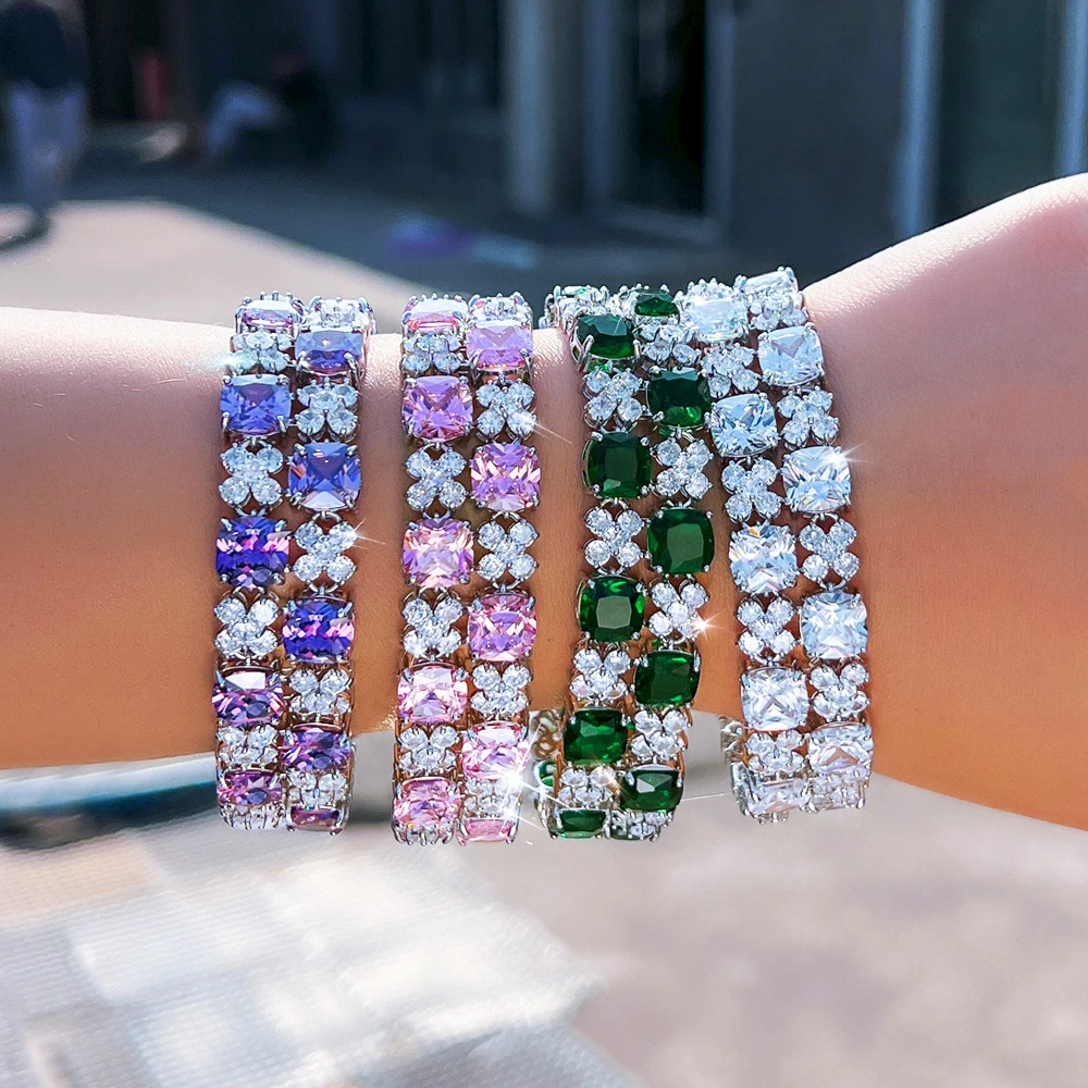 ThreeGraces Luxury Shiny Pink Zirconia Geometric Square Shape Bridal Wedding Engagement Party Bracelet Jewelry for Women BR457