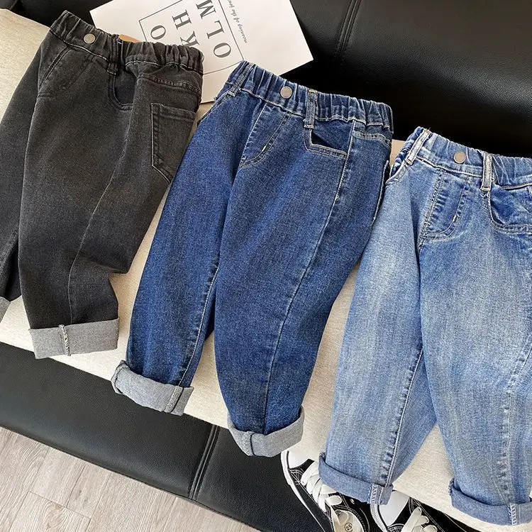 2023 frühling Herbst Kinder Jungen Hosen Denim Stretch Solide Vielseitige Kinder Jungen Hosen Tasche Lose Kleinkind Jungen Jeans