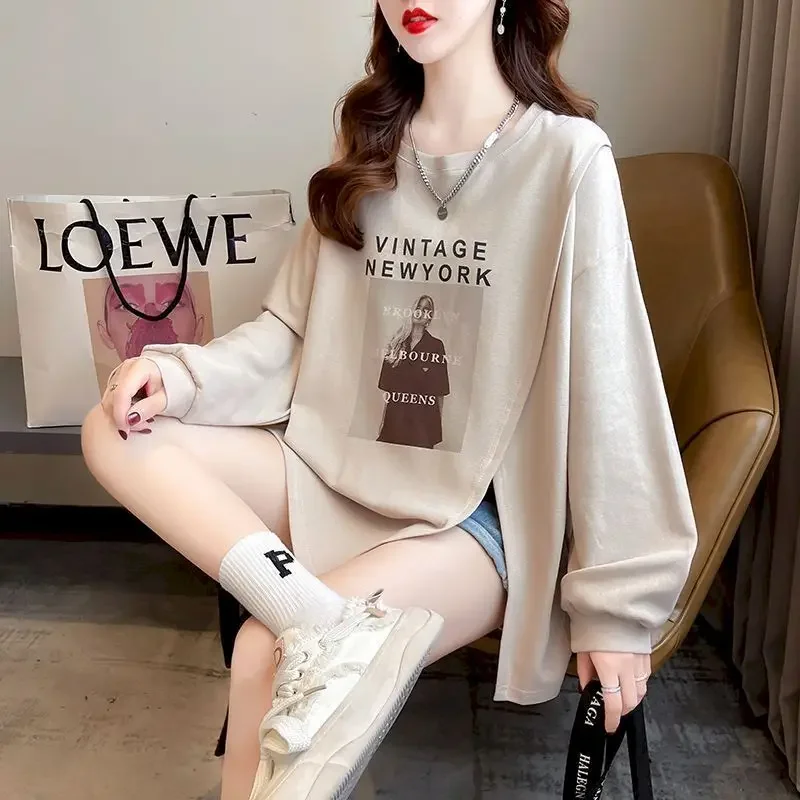 Oversized Pullovers Women Fashion Split Mid-length Long-sleeved T-shirt Spring Autumn Trend Bottom Shirt Casual Printed Pullover