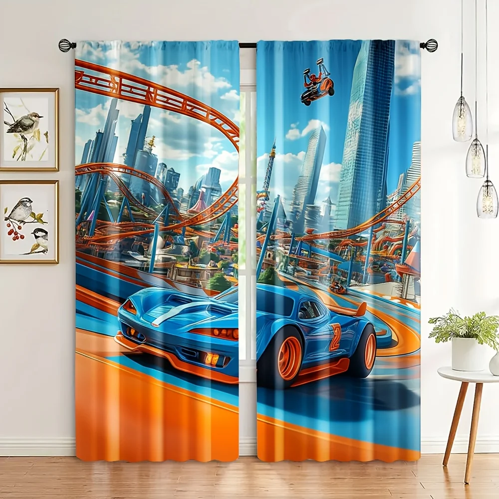 Dynamic Racing Car and Rollercoaster Cityscape Curtains Waterproof Printed Window Decor for Modern Living Room and Bedroom Home