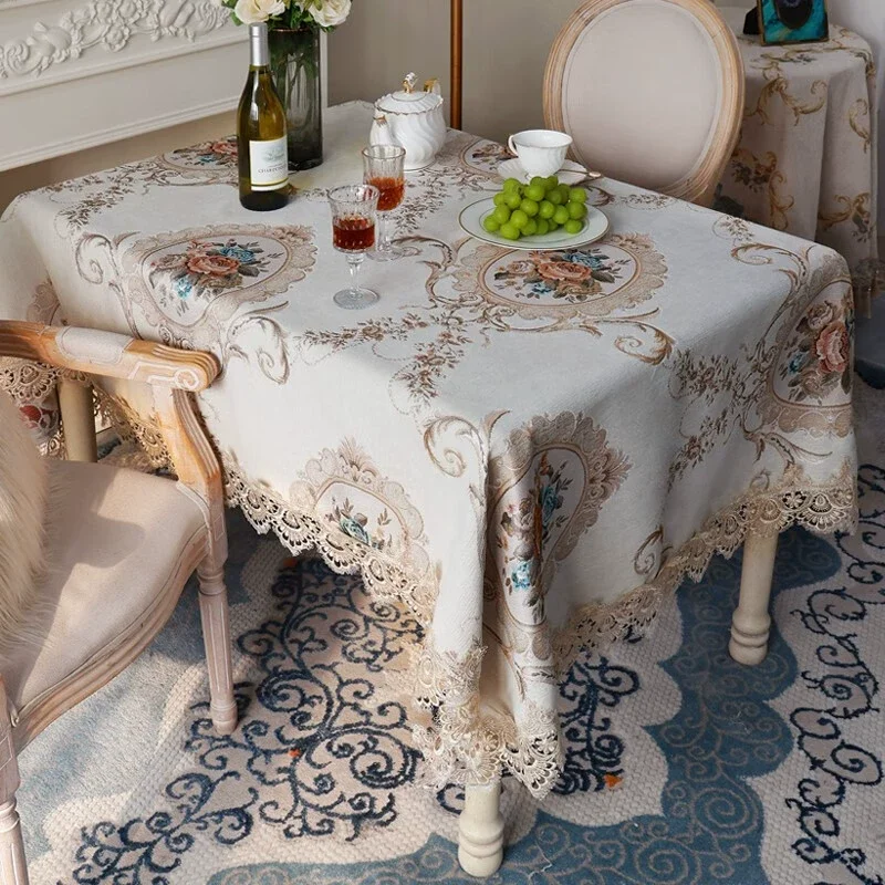 

Rectangular Table Cloth Luxury European Home Dining Table Decor Blue Beige Coffee Table Cover Lace Jacquard Square Tablecloth