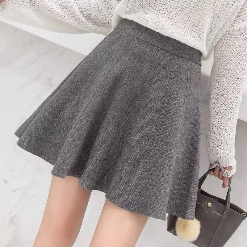 Solid Basic Knitted Mini Skirts Women 2026 Autumn Winter Elastic Waist A-Line Skirts Ladies Korean All Match Black Pleated Skirt