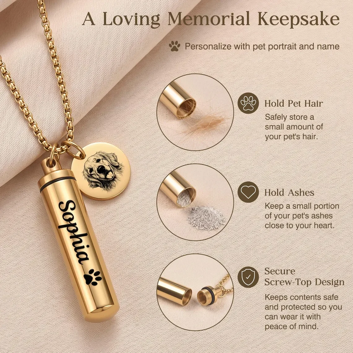 Personalized Pet Memorial Necklace Custom Photo Ashes Urn Jewelry Engraved Portrait Keepsake Pet Cat Dog Charm