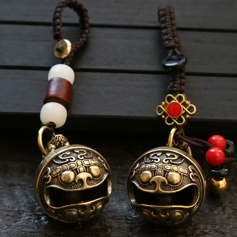 Brass Retro Five Emperors Money key holder Pixiu Bell Hollow Lanyard car Keychain Gourd Pendant Feng Shui Good Luck Key Ring