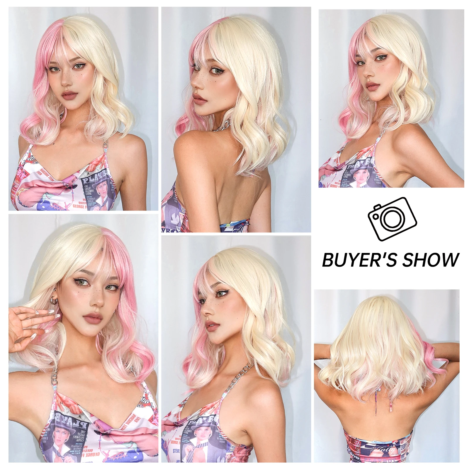 Short Bob Pink Blonde Wavy Synthetic Wigs Two Tone Colorful Lolita Cosplay Wig with Bangs for Women Natural Hair Heat Resistant